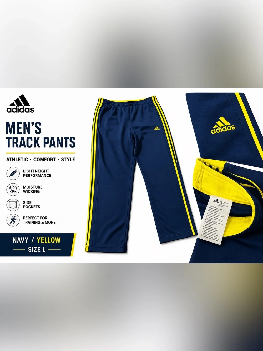 Adidas Navy Yellow Track Pants Men’s L Athletic Soccer Gym Athleisure